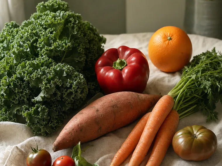 Fresh kale, peppers, carrots, tomatoes, spinach and an orange on a linen cloth in soft daylight
