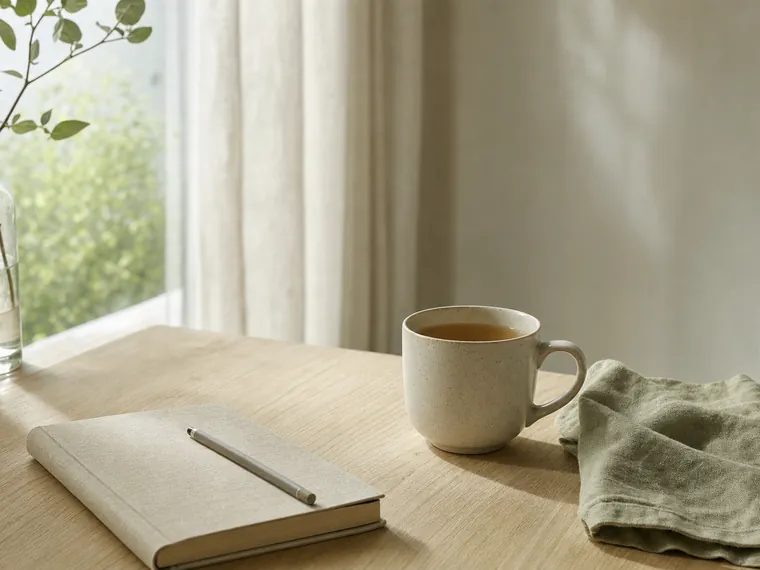 A mug of tea, a closed notebook and a folded linen napkin on a wooden table in quiet morning light